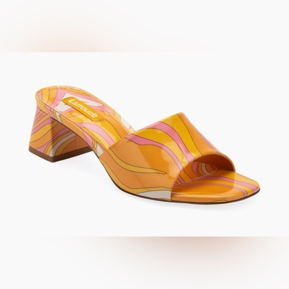 NEW Larroudé Brigitte Printed Patent Leather Mules Summer Swirl Orange Pink Sz 8